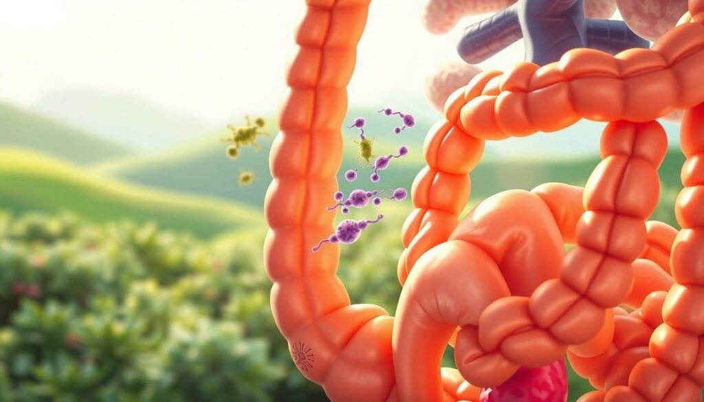 A well-lit, detailed illustration of healthy intestines, with vibrant colors and textures. In the foreground, a cross-section of the intestinal tract, showcasing the intricate folds and villi. In the middle ground, beneficial gut bacteria thrive, their shapes and movements captured in a dynamic visual. The background features a serene, abstract landscape of soothing greens and blues, symbolizing the interconnectedness of gut health and overall wellbeing. Soft, natural lighting illuminates the scene, creating a calming, harmonious atmosphere.
