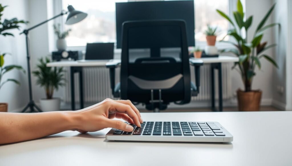 A well-lit office setting, with a desk featuring an ergonomic chair, a laptop, and a desk lamp. In the foreground, a person's hands resting comfortably on the keyboard, showcasing proper hand and wrist positioning. The middle ground features a computer monitor positioned at the ideal eye level, promoting a neutral neck posture. The background depicts a minimalist, clean workspace with plants and natural lighting filtering in through large windows, creating a calm and productive atmosphere.