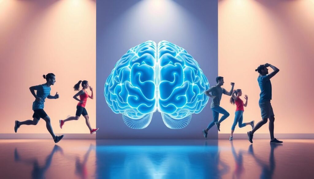 A well-lit, vibrant scene depicting a person engaged in various physical exercises, surrounded by a brain-shaped environment that symbolizes the connection between physical activity and cognitive function. The foreground shows the person performing exercises like jogging, stretching, and weight-lifting, with a sense of dynamism and energy. The middle ground features a stylized, three-dimensional brain structure, with interconnected neural pathways and synapses that seem to pulsate with activity. The background has a serene, contemplative atmosphere, with soft lighting and a minimal, abstract design that reinforces the theme of "brain health." The overall composition conveys the idea of a holistic approach to well-being, where physical exercise and mental acuity are intertwined.