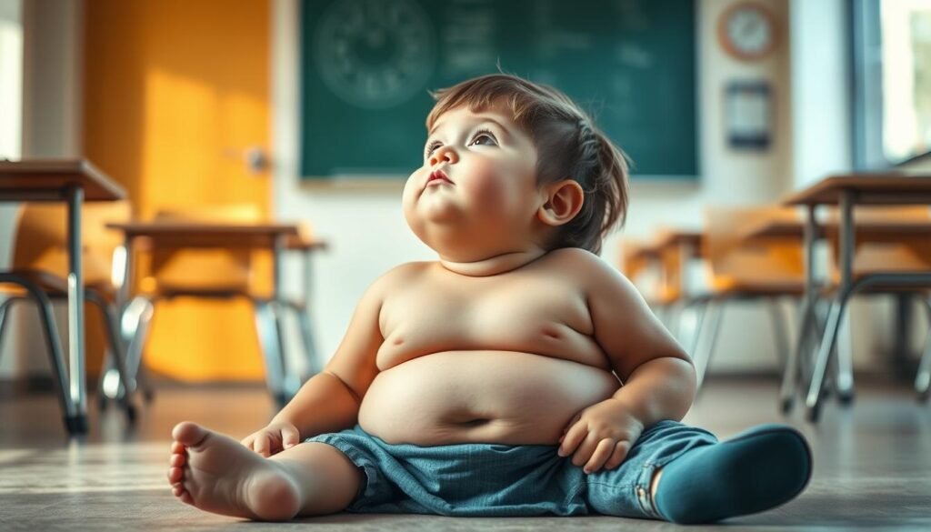 A young child sitting on the floor, their body heavy with excess weight, their expression pensive as they gaze upwards. The background is a softly blurred scene of a classroom, desks and chairs fading into the distance, suggesting the educational environment and the challenges faced by obese children. Warm, natural lighting casts a gentle glow, emphasizing the child's contemplative mood. The composition draws the viewer's attention to the child's face, inviting contemplation on the impact of childhood obesity on brain development and cognitive function.
