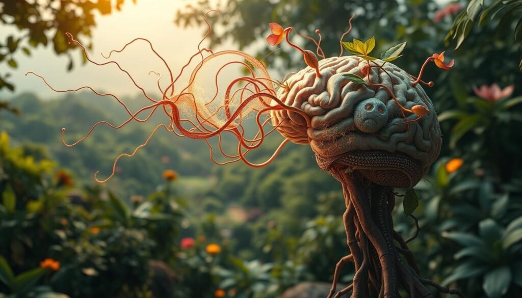 An intricate connection between the human brain and its surrounding environment, captured in a dynamic, photorealistic scene. In the foreground, a cross-section of the brain reveals its neural networks pulsing with activity, intertwined with organic, fluid-like tendrils that extend outward, reaching and responding to the vibrant, naturalistic elements of the middle ground. The background depicts a lush, verdant landscape, with diverse flora and fauna seamlessly integrated, suggesting the deep, symbiotic relationship between the mind and the world it inhabits. Warm, diffused lighting casts a contemplative, almost dreamlike atmosphere, emphasizing the subtle, subconscious ways in which our environment shapes our cognitive processes. Captured with a wide-angle lens to convey the expansive, interconnected nature of this cerebral-environmental connection.