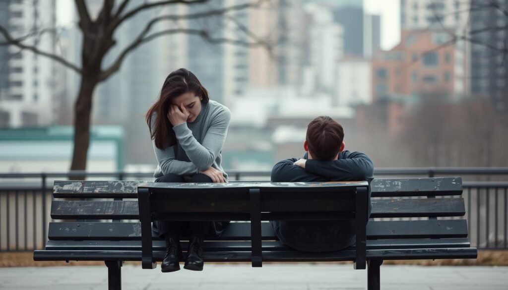 Conflicted couple sitting on a weathered park bench, shoulders hunched and eyes downcast, the air heavy with unspoken tension. Soft, diffused lighting casts shadows across their faces, highlighting the strain and unease. In the background, a blurred urban landscape with muted colors, further emphasizing the isolation and disconnect between the two figures. The scene conveys a sense of emotional turmoil and the complex nature of relationship conflicts, inviting the viewer to contemplate the nuances of human connection.