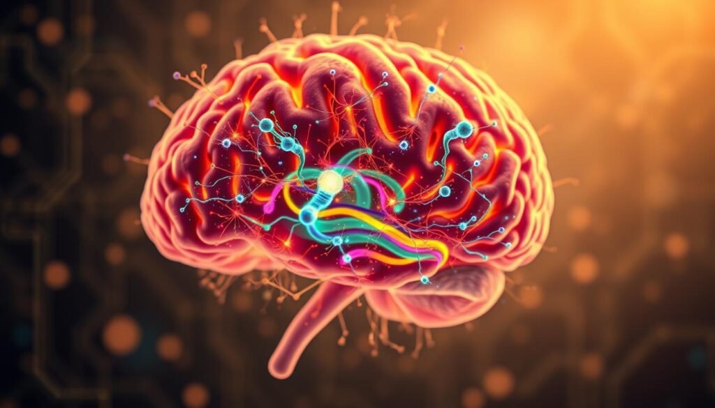 Depiction of the developing brain of children in the era of Hyperconnectivity. A cross-section of a young human brain with neurons, synapses, and glial cells in vibrant colors. Synaptic connections pulsing with energy, symbolizing the rapid neural growth and plasticity of the developing mind. The background features a soft, blurred overlay of digital circuit patterns, alluding to the integration of technology into the modern child's cognitive landscape. Warm, soft lighting casts a contemplative, almost ethereal atmosphere, conveying the wonder and complexity of the brain's maturation process. Composition emphasizes the intricate, fractal-like structure of the brain, allowing the viewer to appreciate its elegant form and incredible capacity for change.