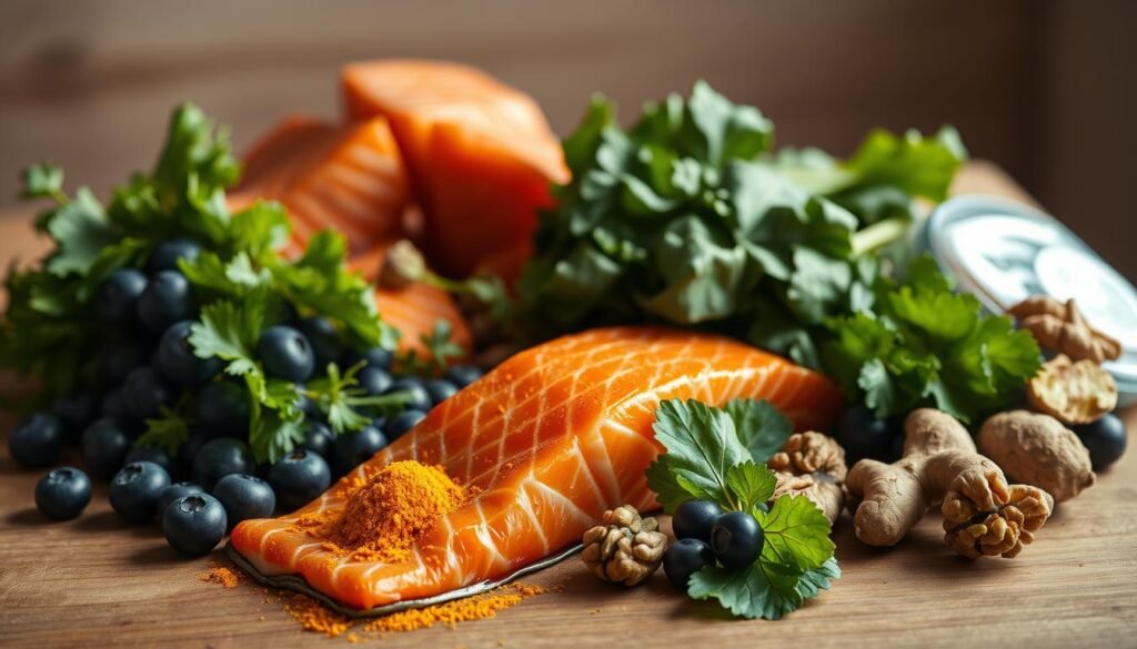 High quality, beautifully lit and detailed photorealistic image of a variety of fresh anti-inflammatory foods artfully arranged on a wooden table, including blueberries, salmon, leafy greens, turmeric, walnuts, and ginger. The lighting is warm and natural, creating a serene and appetizing atmosphere. The composition is balanced and visually appealing, with the foods occupying the foreground and middle ground, and a softly blurred background. The image conveys the health benefits and importance of an anti-inflammatory diet for promoting a healthy gut microbiome and supporting mental wellbeing.