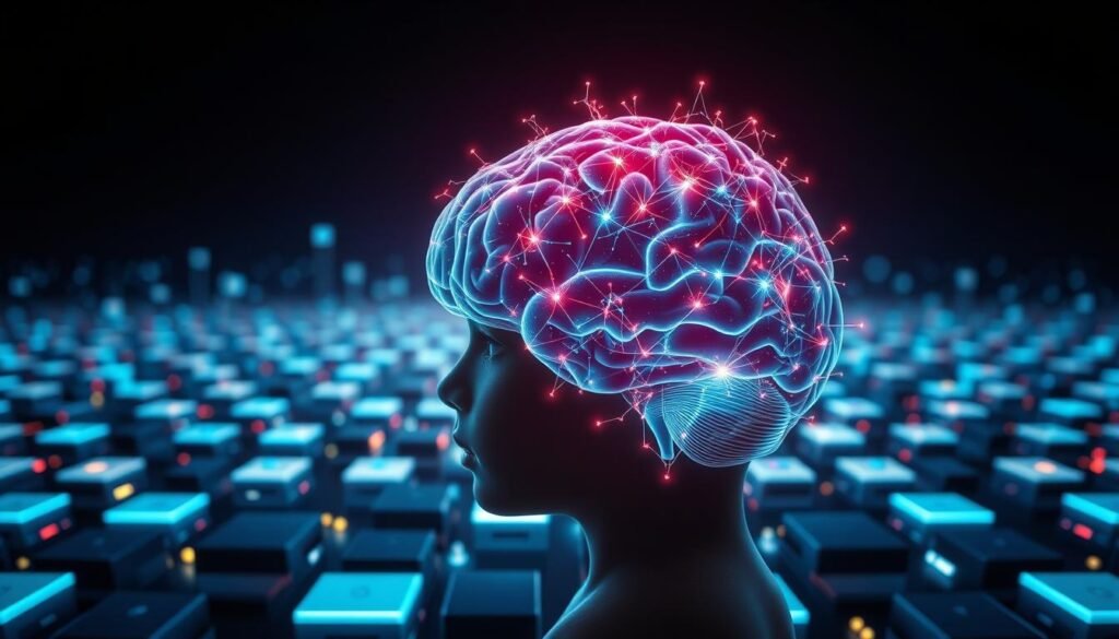Impacto das telas no cérebro de crianças: a mostra de uma mente em desenvolvimento sendo moldada pela tecnologia. Em primeiro plano, um cérebro jovem e vibrante, com conexões sinápticas brilhantes como estrelas. Ao fundo, uma paisagem digital de telas e dispositivos eletrônicos, projetando luzes e padrões que se entrelaçam com a estrutura cerebral. A cena evoca a tensão entre a crescente dependência tecnológica e o impacto potencial no desenvolvimento infantil, com a luz e a sombra representando as promessas e os perigos do uso precoce de telas. Iluminação suave e tom monocromático para transmitir uma atmosfera contemplativa, convidando o observador a refletir sobre as perspectivas futuras do uso de telas pelas crianças.