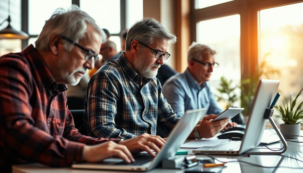 Middle-aged adults intently using various digital devices and gadgets in a well-lit, modern office or coworking space setting. The scene conveys a sense of focus, productivity, and engagement with technology. The foreground features a person typing on a laptop, while the middle ground shows another individual using a tablet. In the background, a group of colleagues huddle around a large computer screen, discussing something intensely. Warm, natural lighting filters through large windows, creating a pleasant, energizing atmosphere. The overall composition highlights how technology has become an integral part of the daily lives and work routines of middle-aged professionals, enabling them to redefine their sense of purpose and connection.