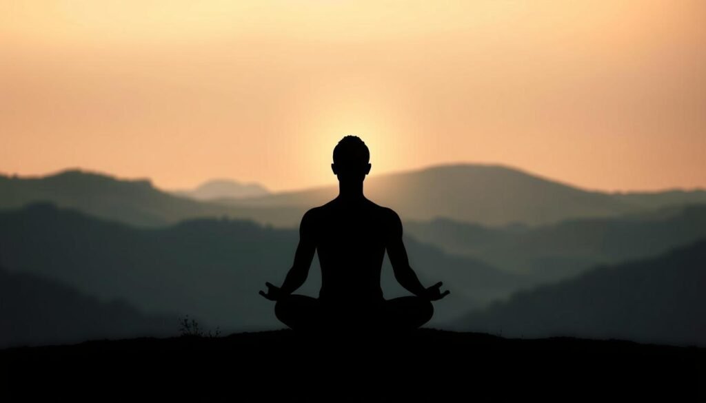 Tranquil landscape with a central figure representing emotional balance. Serene rolling hills in the background, bathed in soft, warm lighting. Foreground features a human silhouette sitting in a meditative pose, their outline glowing with an aura of inner peace. The figure's posture and expression convey a sense of centered calm, symbolizing the harmony between mind and emotions. Muted color palette with earthy tones, creating a contemplative atmosphere. Minimal background details to maintain the focus on the central meditative figure and their emotional equilibrium.