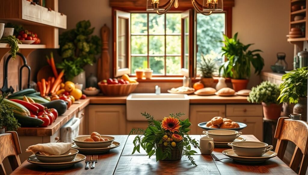 Vibrant and inviting, a cozy kitchen scene reflecting the influence of the environment on eating choices. Warm lighting bathes the countertops laden with a bounty of fresh produce - crisp vegetables, ripe fruits, and enticing baked goods. In the foreground, a welcoming table setting with rustic dishware and a simple centerpiece, hinting at the comforting rituals of shared meals. The background features an open window, allowing natural light to stream in and revealing a glimpse of a lush, verdant garden beyond, symbolizing the connection between our food and the natural world. The overall atmosphere exudes a sense of nourishment, both physical and emotional, capturing the power of our surroundings to shape our dietary preferences and patterns.