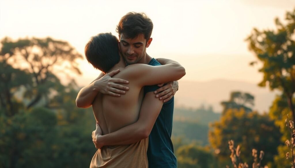 a vibrant, emotive scene depicting emotional connection, with a warm, welcoming atmosphere. In the foreground, two figures embrace, their bodies intertwined, conveying a sense of deep intimacy and understanding. Their expressions are serene, eyes closed, as they find solace in each other's presence. The middle ground features a lush, verdant landscape, with soft, diffused lighting filtering through the trees, creating a sense of tranquility and healing. In the background, a calming, hazy sky sets the mood, with hints of golden hour hues painting the scene with a sense of hope and positivity. The overall composition evokes a profound, transformative experience, where the power of emotional connection can transcend physical limitations and restore balance and well-being.