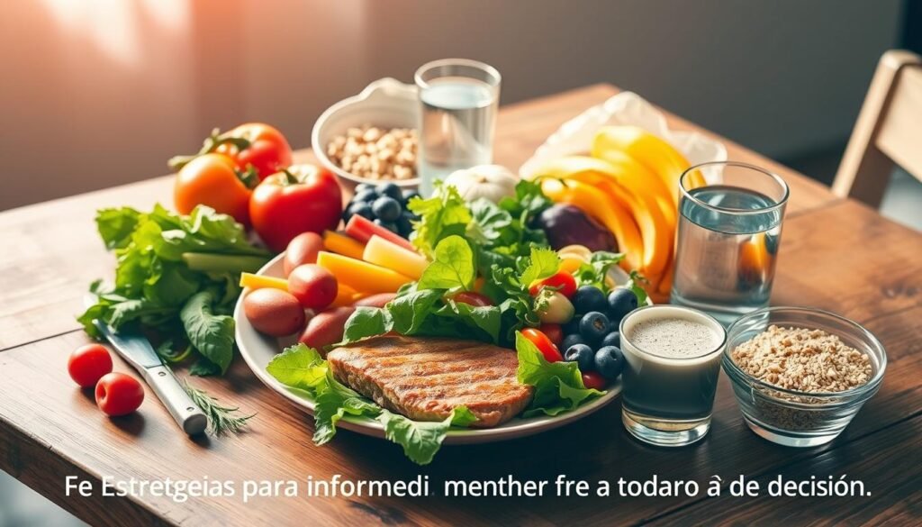 a vibrant, realistic image of a healthy, balanced meal on a wooden table, showcasing various fresh and nutritious ingredients such as a variety of colorful vegetables, lean protein, whole grains, and a glass of water. The scene is bathed in warm, natural lighting, creating a sense of calmness and mindfulness. The composition emphasizes the importance of making conscious, well-informed decisions about food choices, with the meal arrangement serving as a visual representation of the "Estratégias para melhorar a tomada de decisão" section of the article.