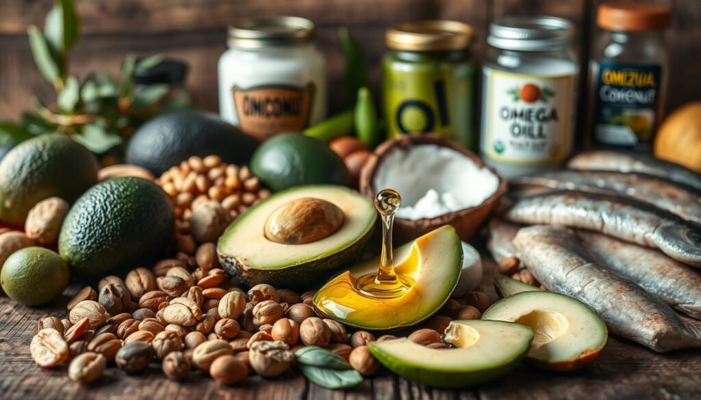 A bountiful still life showcasing a variety of healthy fats on a rustic wooden table. In the foreground, a mix of avocados, nuts, and seeds, their textures and colors inviting. In the middle ground, a drizzle of extra virgin olive oil glistens, surrounded by wedges of ripe, creamy-fleshed avocado. The background features jars of coconut oil and omega-rich fish. Soft, natural lighting casts a warm, earthy glow, highlighting the nutritious bounty. The overall composition conveys a sense of balance, abundance, and the essential role of wholesome fats in a nourishing diet.