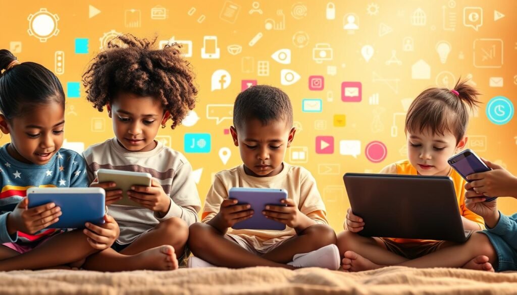 A bright, inclusive digital landscape with diverse children using various digital devices and technologies. In the foreground, children of different races, ages, and abilities are seen actively engaged with tablets, laptops, and smartphones, exploring educational apps and online resources. The middle ground features a vibrant, colorful backdrop of tech-inspired shapes, patterns, and icons, symbolizing the interconnectedness of the digital world. In the background, a warm, diffused lighting illuminates the scene, creating a sense of warmth and accessibility. The overall atmosphere conveys a feeling of empowerment, learning, and opportunity, reflecting the importance of digital inclusion for the development of children.