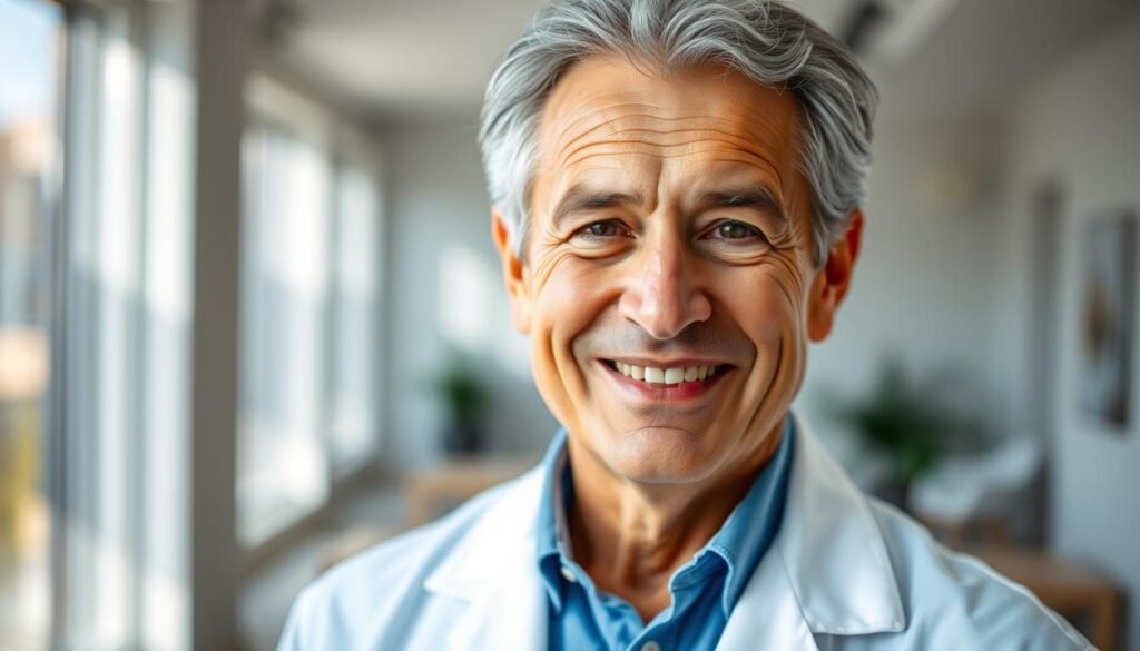 A close-up portrait of Dr. Jô Furlan, a distinguished-looking man in his 60s with greying hair and a warm, friendly expression. He is wearing a white lab coat and a blue shirt, standing in a bright, sun-filled room with a minimalist, modern interior. The lighting is soft and flattering, highlighting the doctor's thoughtful gaze and kindly demeanor. The background is blurred, drawing the viewer's attention to the doctor's face and upper body. The overall mood is one of professionalism, expertise, and a commitment to wellness and preventive healthcare.