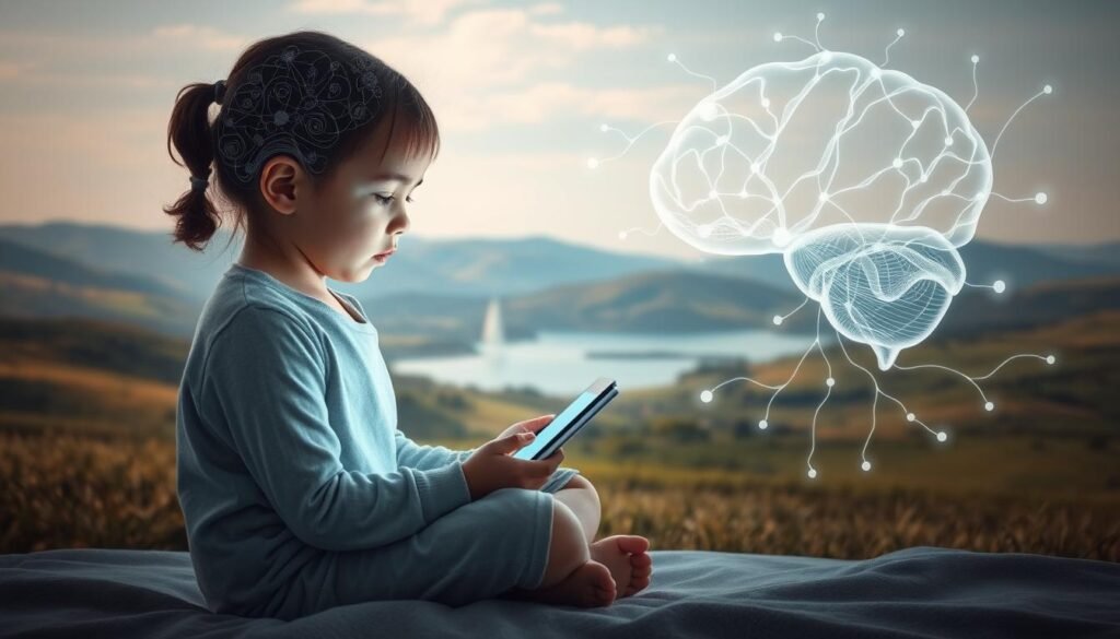 A cognitive development scene depicting a child's brain in a serene, contemplative environment. In the foreground, a young girl sits cross-legged, her expression thoughtful as she engages with a digital tablet. Soft, diffused lighting illuminates her face, creating a sense of introspection. In the middle ground, abstract neural pathways and synaptic connections swirl and branch out, visualizing the active processes of the developing mind. The background showcases a calming, natural landscape, with rolling hills, a tranquil lake, and a cloudless sky, symbolizing the harmony between technology and the organic growth of cognition.
