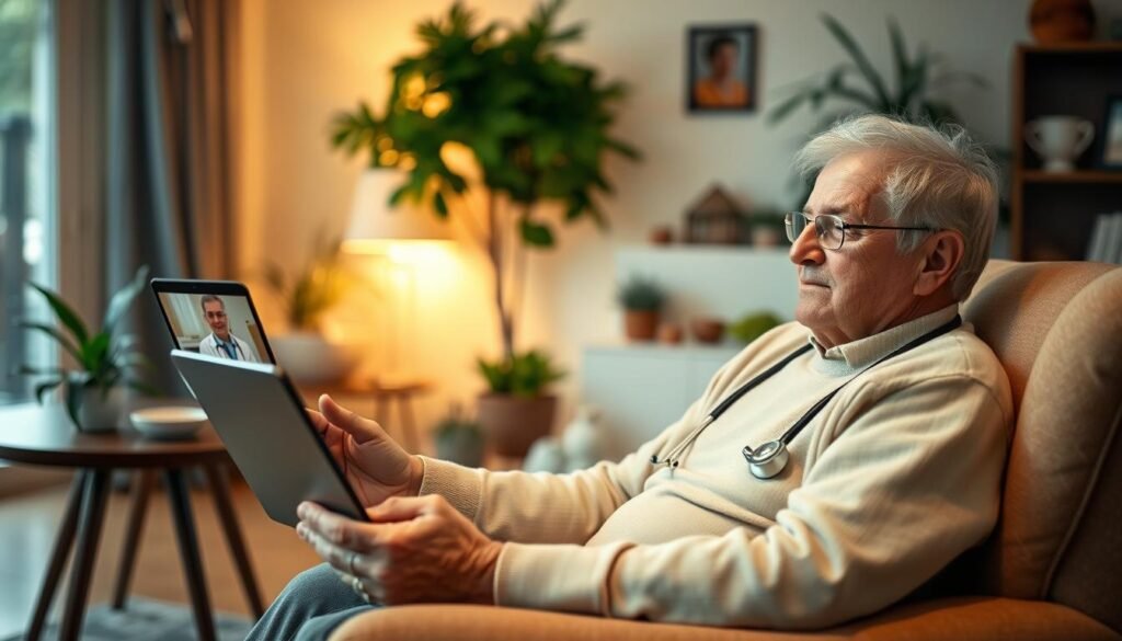 A cozy and well-lit living room setting, with a senior citizen comfortably seated in a plush armchair. They are engaged in a video call on a tablet, with a healthcare professional visible on the screen. The room is adorned with warm lighting, potted plants, and personal touches that convey a sense of home. The senior's expression is one of calm attentiveness, reflecting the ease and reassurance of a telemedicine consultation in the comfort of their own environment. The overall atmosphere is one of care, technology-assisted wellness, and the importance of accessible healthcare for the elderly.