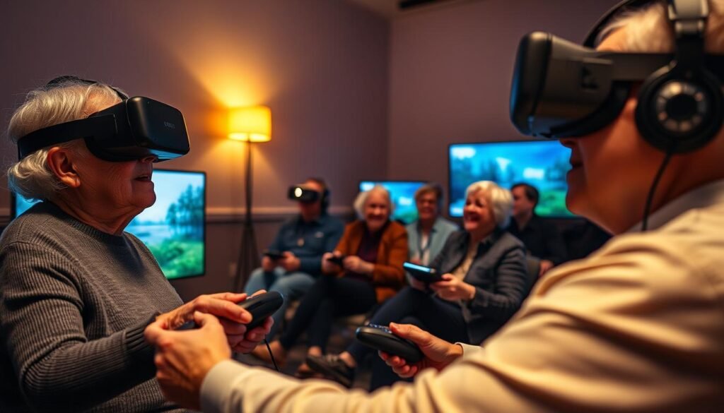 A dimly lit room, warm lighting illuminating the faces of elderly individuals as they explore virtual worlds with awe and fascination. In the foreground, a senior citizen navigates a serene, nature-inspired landscape, their eyes wide with wonder. In the middle ground, a group of elders sit together, sharing experiences and laughter, their bodies adorned with VR headsets and controllers. The background showcases the advanced technology powering this immersive experience, with sleek devices and high-resolution displays. The scene conveys a sense of connection, mental stimulation, and the empowering potential of virtual reality for the elderly, combating isolation and keeping their minds active.