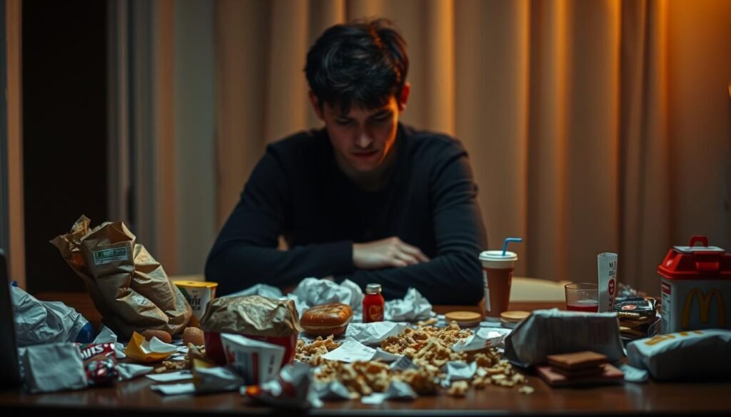 A dimly lit room with a person sitting alone at a table, surrounded by an assortment of unhealthy snacks and fast food. The person's expression is one of sadness and emotional distress, their face partially obscured by shadows. The table is cluttered, with crumpled wrappers and empty containers scattered haphazardly. The background is blurred, emphasizing the sense of isolation and inner turmoil. Soft, warm lighting casts a melancholic glow, creating a somber atmosphere that reflects the connection between poor dietary choices and emotional well-being.