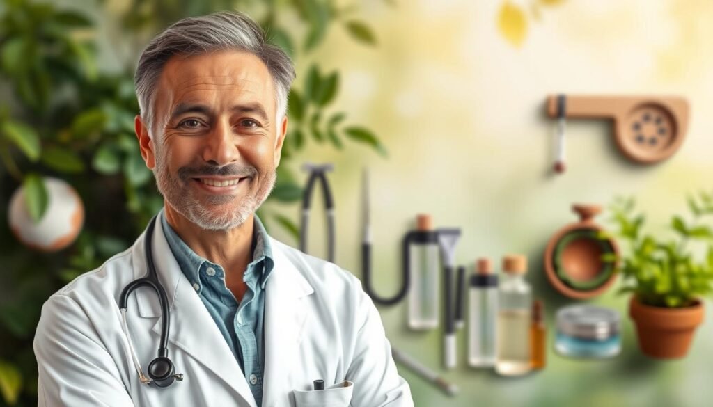A kind and empathetic man in a white coat stands confidently, his warm gaze meeting the viewer. In the middle ground, an array of medical instruments and wellness tools suggests his holistic approach. The background depicts a serene, nature-inspired setting with lush greenery, soothing colors, and soft, diffused lighting, conveying a sense of tranquility and balance. This portrait of Dr. Jô Furlan, a renowned practitioner of wellness medicine, captures his dedication to improving quality of life through a compassionate, integrative perspective.