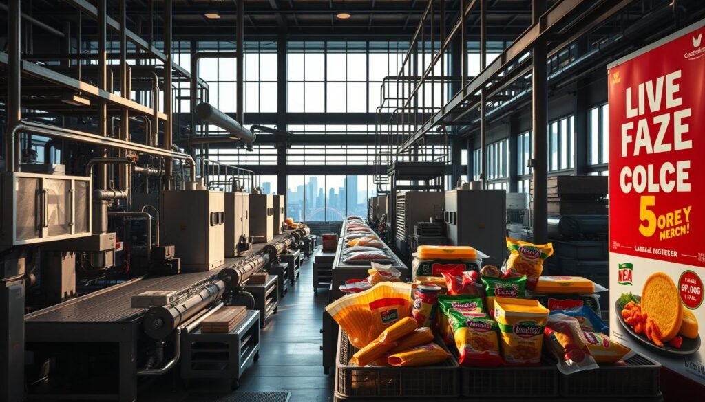 A large industrial food processing plant, its machinery and conveyor belts in full operation, producing various packaged food products. In the foreground, colorful marketing materials and advertisements for these products, emphasizing their taste, nutrition, and convenience. The lighting is stark and clinical, casting long shadows and highlighting the scale and efficiency of the facility. In the background, a city skyline can be seen through large windows, suggesting the plant's role in the local economy and food supply. The overall atmosphere conveys the power and influence of the industrial food complex, juxtaposed with the persuasive tactics of its marketing.