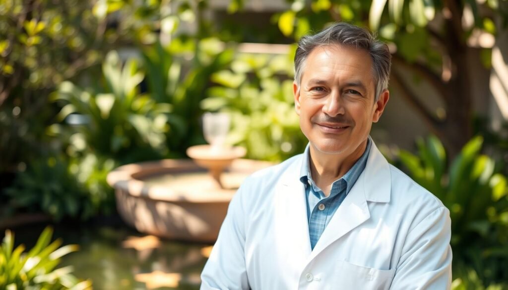 A middle-aged man with a kind, thoughtful expression stands in a serene, sun-dappled garden. Dr. Jô Furlan, a respected Brazilian wellness physician, is dressed in a crisp white lab coat, exuding an air of professionalism and expertise. The natural lighting casts gentle shadows, highlighting the warmth and compassion in his gaze. In the background, lush greenery and a tranquil water feature create a calming, rejuvenating atmosphere, reflecting Dr. Furlan's holistic approach to healthcare. The composition is balanced, with the subject positioned slightly off-center to draw the viewer's attention to his engaging presence. This image captures the essence of Dr. Furlan's valuable contribution to the pillars of a healthy lifestyle, as explored in the article.
