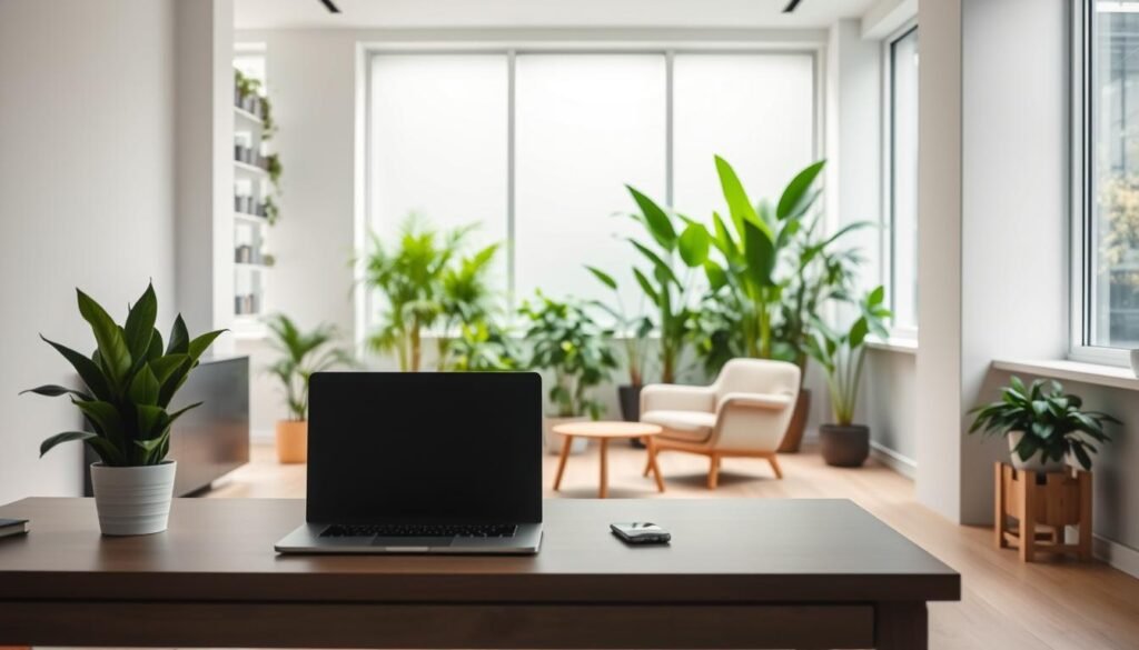 A minimalist office interior with clean lines and natural light filtering through large windows. In the foreground, a desk with a laptop and a potted plant, symbolizing a balanced, tech-free workspace. The middle ground features a cozy reading nook with a comfortable armchair and a small side table, creating a serene space for contemplation. The background showcases a lush, verdant indoor garden, promoting a sense of tranquility and connection to nature, a sanctuary from the digital realm. Soft, diffused lighting creates a calming atmosphere, encouraging mindfulness and rejuvenation within the workspace.