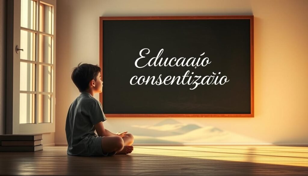 A peaceful, contemplative scene depicting the role of education in raising awareness. In the foreground, a young student sits cross-legged, their gaze introspective as they ponder the world around them. Soft, natural lighting filters through an open window, casting a warm glow on the scene. In the middle ground, a chalkboard displays the words "Educação conscientização" in elegant script, emphasizing the central theme. The background features a serene landscape, with rolling hills and a vast, open sky, symbolizing the expansive potential of enlightened thinking. The overall atmosphere is one of quiet introspection and the transformative power of knowledge.