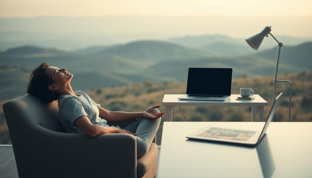 A peaceful, minimalist scene of planned disconnection. In the foreground, a person sitting in a comfortable armchair, eyes closed, hands resting calmly. Soft, diffused lighting creates a warm, meditative atmosphere. In the middle ground, a simple, uncluttered desk with a laptop and smartphone turned off, symbolizing a deliberate break from digital distractions. The background features a serene, natural landscape with rolling hills and a distant, hazy horizon, conveying a sense of tranquility and escape from the stresses of hyper-connectivity. The overall composition reflects a conscious effort to create mental and physical space for rest, rejuvenation, and mindfulness.