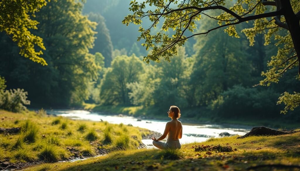 A peaceful, serene landscape with a lush, verdant forest in the background. In the foreground, a person sitting in a meditative pose, eyes closed, surrounded by an aura of calm and focus. The middle ground features a flowing stream, its gentle waters reflecting the tranquil atmosphere. Warm, diffused lighting filters through the canopy of trees, casting a soft, natural glow over the scene. The overall mood is one of mindfulness, inner peace, and the prevention of "cerebral thinning" through mental and physical balance.