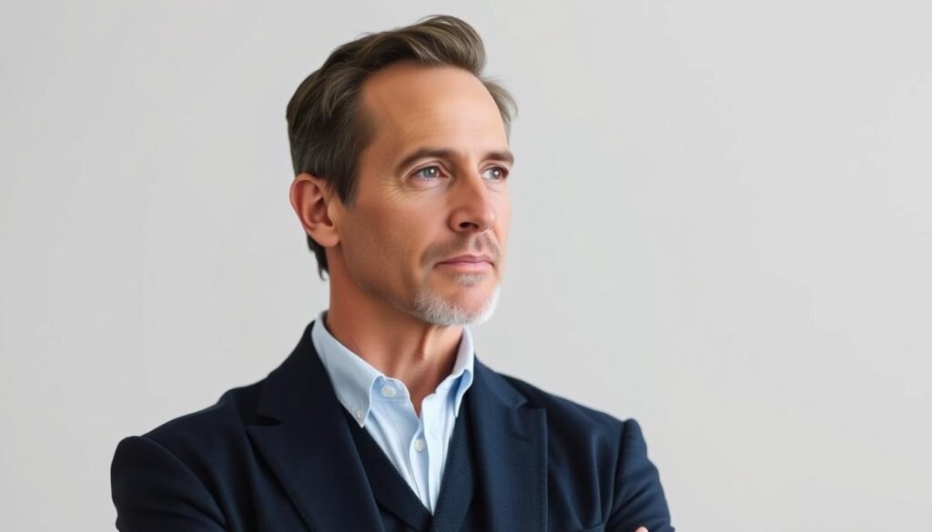 A portrait of Dr. Jô Furlan, a renowned functional nutritionist, set against a clean, minimalist background. He stands in a pensive pose, his gaze focused intently, exuding an air of expertise and authority. The lighting is soft and directional, highlighting the contours of his face and creating a sense of depth and dimension. The image conveys a sense of professionalism, credibility, and a deep understanding of the principles of functional nutrition. The overall mood is one of clinical expertise and scientific rigor, befitting the subject's reputation as a leading figure in the field of holistic health and wellness.