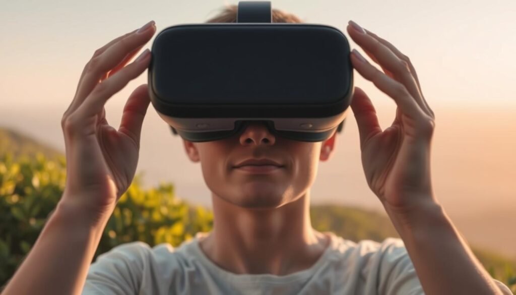 A serene and contemplative scene of a person immersed in a virtual reality headset, surrounded by a calming, nature-inspired environment. The foreground features the individual's hands gently holding the VR device, their expression one of tranquility and focus. The middle ground showcases lush, verdant vegetation, with gentle rays of soft, diffused light filtering through. The background gradually fades into a serene, horizon-less landscape, evoking a sense of expansiveness and emotional well-being. The overall atmosphere is one of harmony, technology seamlessly integrated with the natural world to promote mental wellness.