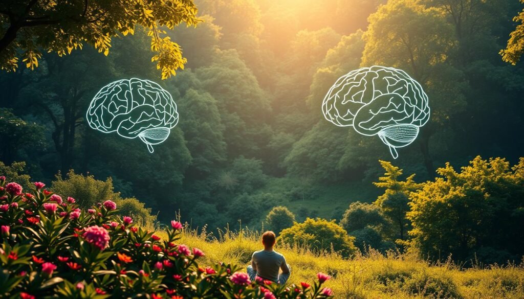 A serene and harmonious landscape depicting the intersection of neuroscience and well-being. In the foreground, a person sits in a contemplative pose, surrounded by vibrant flora and soothing hues. The middle ground features elegant brain visualizations, showcasing the intricate connections and pathways of the human mind. In the background, a lush, verdant forest provides a tranquil backdrop, symbolizing the restorative power of nature. Warm, natural lighting bathes the scene, creating a sense of balance and wholeness. The composition conveys a profound understanding of the relationship between the brain, the environment, and overall quality of life.