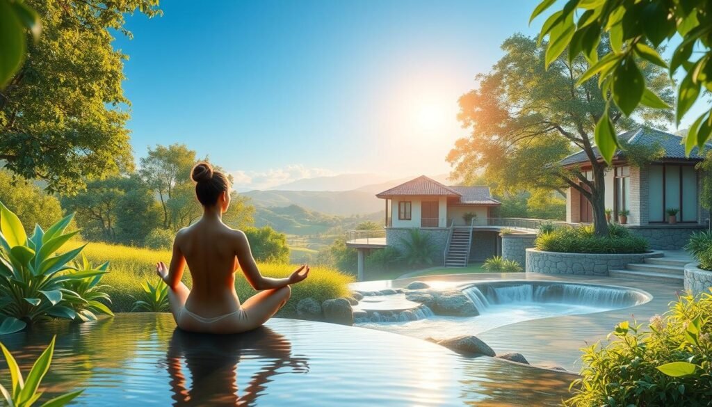 A serene and tranquil scene depicting the essence of "Medicina do Bem-Estar". In the foreground, a person in a peaceful meditative pose, surrounded by lush greenery and soothing natural elements such as a flowing stream and gentle waterfalls. The middle ground features a blend of traditional and modern wellness-focused structures, with clean architectural lines and natural materials. The background showcases a picturesque landscape of rolling hills, a clear blue sky, and the warm glow of the sun, creating a calming and restorative atmosphere. The entire scene is bathed in soft, diffused lighting, emphasizing the harmony and balance of mind, body, and spirit.
