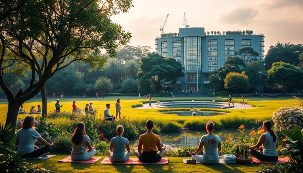 A serene and vibrant scene depicting the promotion of health and wellness. In the foreground, a diverse group of people engage in various wellness activities - yoga, meditation, and healthy cooking. The middle ground showcases a lush, verdant landscape with trees, flowers, and a tranquil pond. Warm, diffused lighting bathes the scene, creating a calming and inviting atmosphere. In the background, a modern, eco-friendly building stands as a symbol of the integration of health and sustainability. The overall composition conveys a sense of balance, harmony, and the holistic approach to personal and community wellbeing.