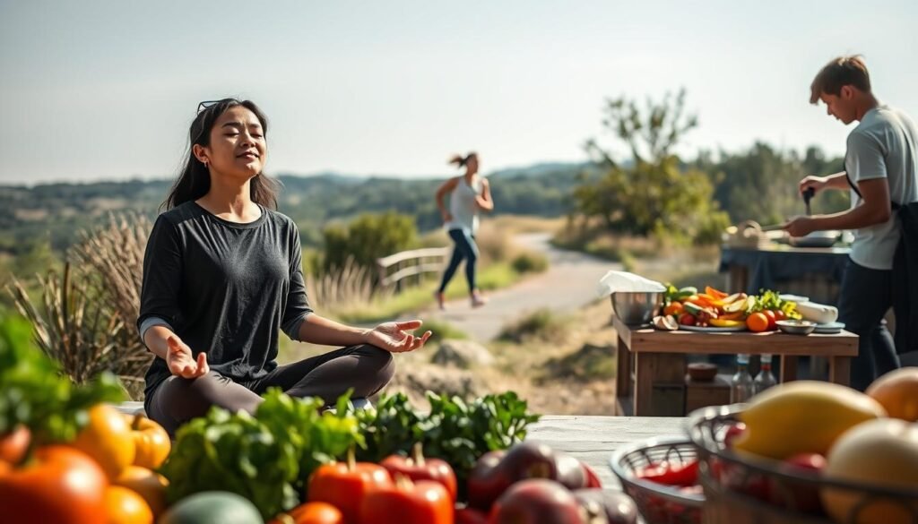 A serene, contemplative scene depicting strategies to overcome food addiction. In the foreground, a person sits cross-legged, eyes closed, practicing mindfulness meditation, surrounded by healthy, vibrant fruits and vegetables. In the middle ground, a person jogs on a scenic nature trail, symbolizing the importance of exercise and physical activity. In the background, a person prepares a nutritious, balanced meal, highlighting the role of a healthy diet. The overall atmosphere is calm, focused, and hopeful, conveying a sense of empowerment and determination to break the cycle of food addiction. Soft, natural lighting illuminates the scene, creating a warm, inviting mood. Captured with a wide-angle lens to emphasize the interconnectedness of the various strategies.