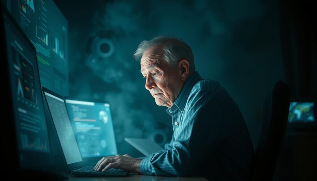 A serene, dimly lit room with a lone elderly person seated at a desk, surrounded by a swirling vortex of digital information. The subject's face is illuminated by the glow of multiple screens, their expression one of both fascination and weary resignation. The background is hazy, with a sense of isolation and information overload, as if the individual is becoming overwhelmed by the constant stream of digital stimuli. Dramatic chiaroscuro lighting casts deep shadows, emphasizing the subject's aged features and the burden of navigating the hyper-connected modern world. The overall atmosphere is one of contemplation and the tension between the benefits and drawbacks of technology on the aging brain.
