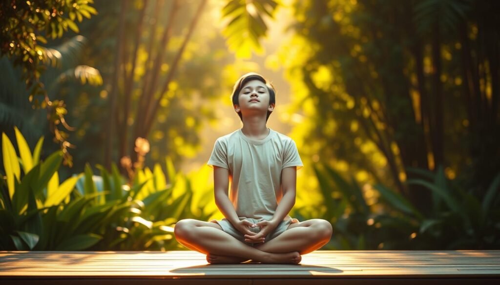 A serene garden oasis, bathed in warm, golden sunlight, with a young person sitting cross-legged on a wooden platform, eyes closed in deep meditation. The lush, verdant foliage in the background creates a sense of tranquility and disconnection from the digital world. The subject's posture and facial expression convey a state of mindfulness, inner peace, and rejuvenation. The scene is captured with a shallow depth of field, gently blurring the edges and drawing the viewer's focus to the central figure. The overall mood is one of calm, introspection, and a reconnection with the present moment, free from the distractions of modern technology.