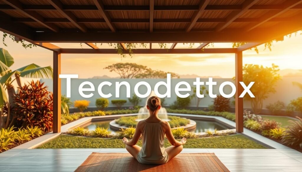 A serene garden oasis, where the benefits of Tecnodetox are visually represented. In the foreground, a person meditating peacefully, disconnected from digital devices, radiating a sense of tranquility. The middle ground features a lush, vibrant landscape with flourishing plants and a calming water feature. In the background, a warm, golden-hued sky casts a soft, natural light, evoking a mood of rejuvenation and well-being. The scene is captured through a wide-angle lens, emphasizing the expansive, harmonious atmosphere. This image conveys the profound restorative effects of disconnecting from technology and embracing a more mindful, balanced lifestyle.