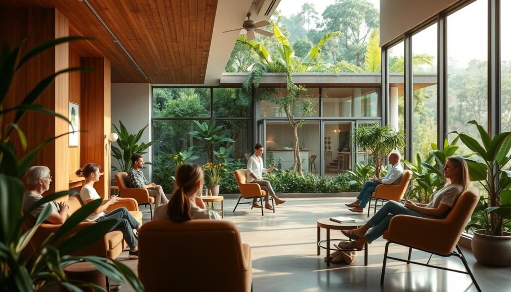 A serene, holistic medical clinic set against a backdrop of lush greenery and natural elements. In the foreground, a tranquil reception area with warm, earthy tones and natural materials like wood and stone. Patients relax in comfortable, ergonomic chairs, exuding a sense of peace and wellbeing. In the middle ground, practitioners engage in consultations, their expressions radiating compassion and expertise. The clinic's exterior blends seamlessly with the surrounding landscape, conveying a harmonious, eco-friendly aesthetic. Soft, diffused lighting filters through large windows, creating a calming, rejuvenating atmosphere. Overall, the scene embodies the principles of "Medicina do Bem-Estar" - a holistic approach to healthcare focused on preventive and integrative practices that nurture the mind, body, and spirit.