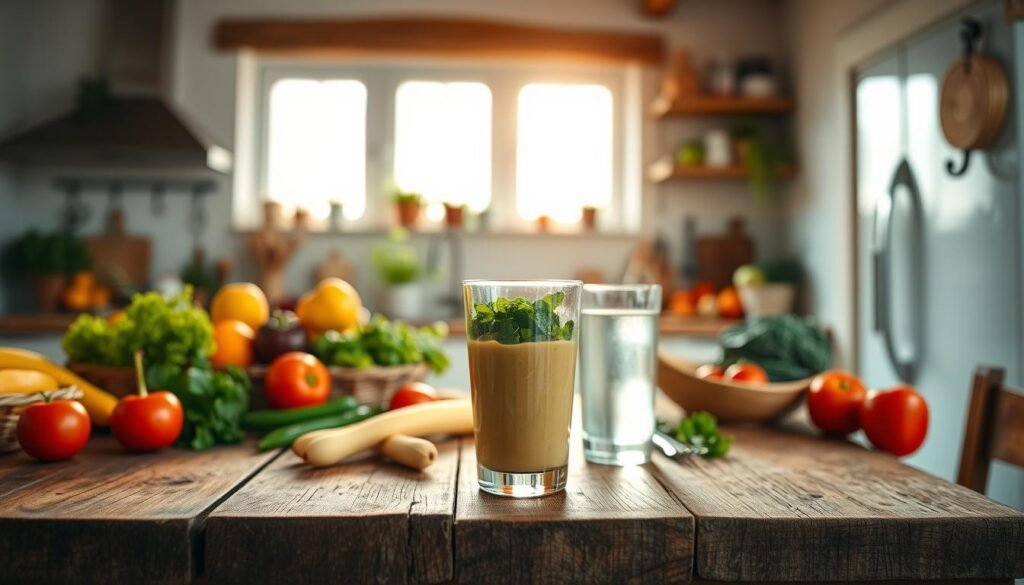 A serene kitchen scene with fresh, vibrant produce and healthy whole foods prominently displayed on a rustic wooden table. A glass of water and a simple salad or smoothie occupy the foreground, conveying a sense of balance and moderation. In the background, a window floods the space with warm, natural light, casting a soft, inviting glow. The overall atmosphere is one of tranquility and mindfulness, encouraging the viewer to embrace a lifestyle of sustainable, nourishing habits.