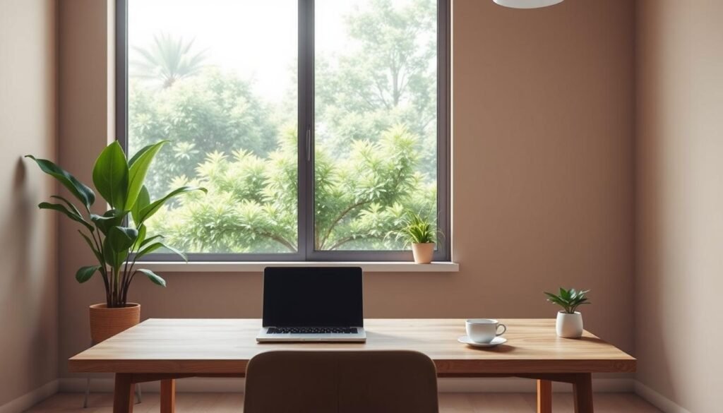A serene, minimalist office workspace with a clean, uncluttered aesthetic. In the foreground, a simple wooden desk with a laptop, a cup of tea, and a small potted plant. The middle ground features a large window overlooking a lush, verdant garden, bathed in soft, natural lighting. In the background, a muted, earthy-toned wall provides a calming backdrop. The overall scene conveys a sense of tranquility and focus, ideal for a "Plano Prático de Tecnodetox em 7 Dias" illustration.