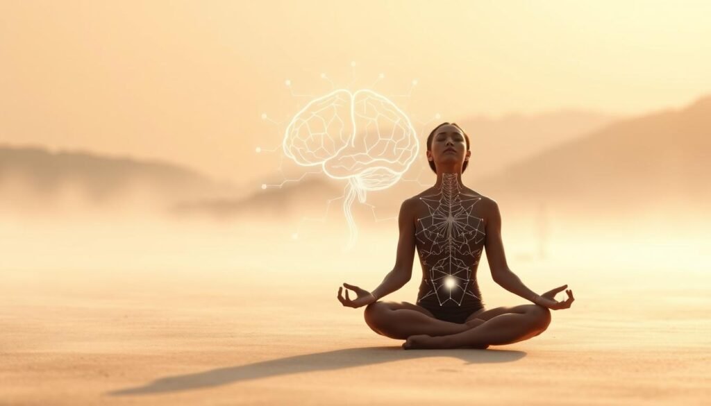 A serene, minimalist scene depicting the interplay between the mind and body. In the foreground, a person sits in a meditative pose, eyes closed, radiating a sense of inner calm. The middle ground features a stylized representation of the brain, with glowing neural pathways connecting to the body's major systems. The background is a soft, diffuse landscape, conveying a sense of balance and harmony. The lighting is warm and gentle, creating a sense of tranquility. Captured with a wide-angle lens to emphasize the holistic relationship between the mind and physical well-being.