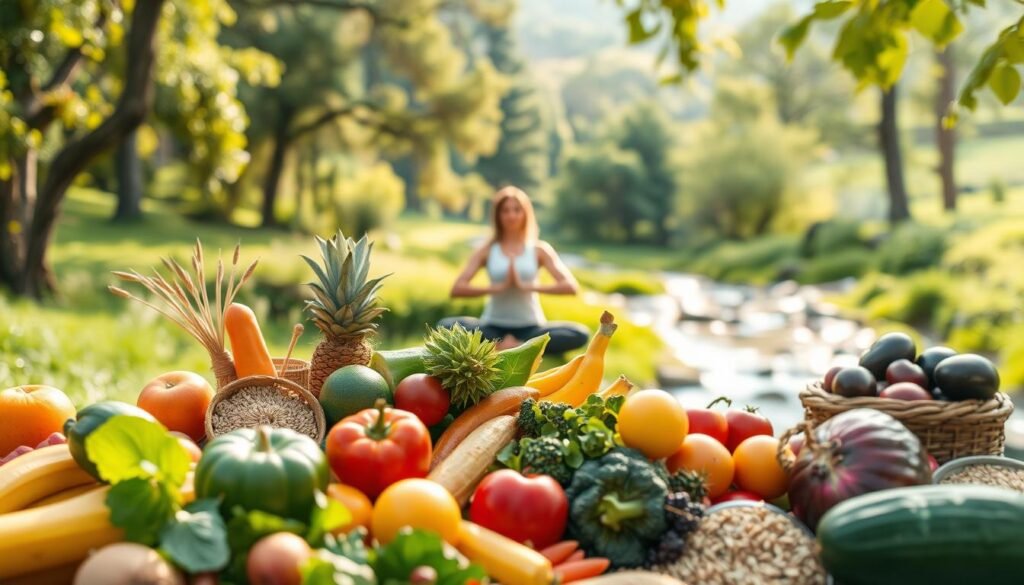 A serene outdoor scene showcasing the essence of a healthy lifestyle. In the foreground, a vibrant and diverse array of fresh fruits, vegetables, and whole grains are artfully arranged, conveying the importance of a nutrient-rich diet. The middle ground features a person performing a gentle yoga pose, radiating an aura of calm and mindfulness. In the background, a lush, verdant landscape with towering trees and a clear, flowing stream, creating a tranquil and rejuvenating atmosphere. Soft, natural lighting casts a warm, golden glow, evoking a sense of balance and well-being. The overall composition exudes a harmonious and holistic representation of a healthy lifestyle.