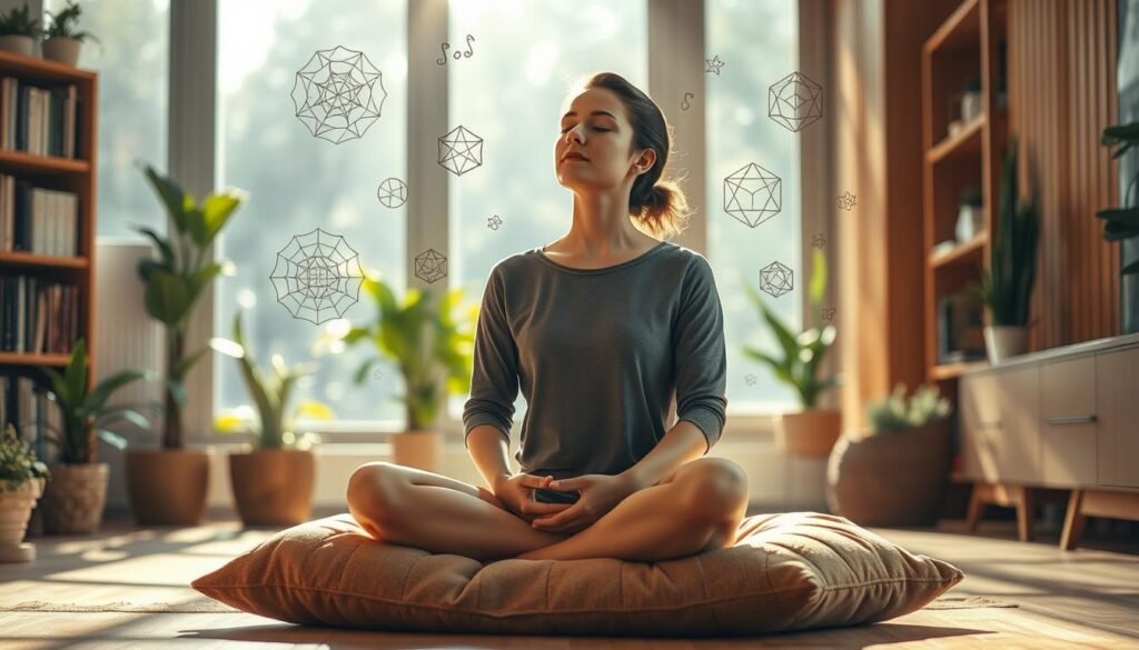 A serene, sun-dappled indoor space with a person sitting cross-legged on a plush, earthy-toned meditation cushion. They are intently focused, eyes closed, hands resting gently on their lap. Geometric patterns and symbolic shapes float in the air around them, signifying the mental exercises and visualizations they are performing. Soft, warm lighting filters through large windows, casting a contemplative, rejuvenating atmosphere. The background features bookshelves, potted plants, and natural wood accents, conveying a sense of tranquility and intellectual pursuit. This image captures the essence of mental exercises to combat the effects of hyperconnectivity and cognitive decline.