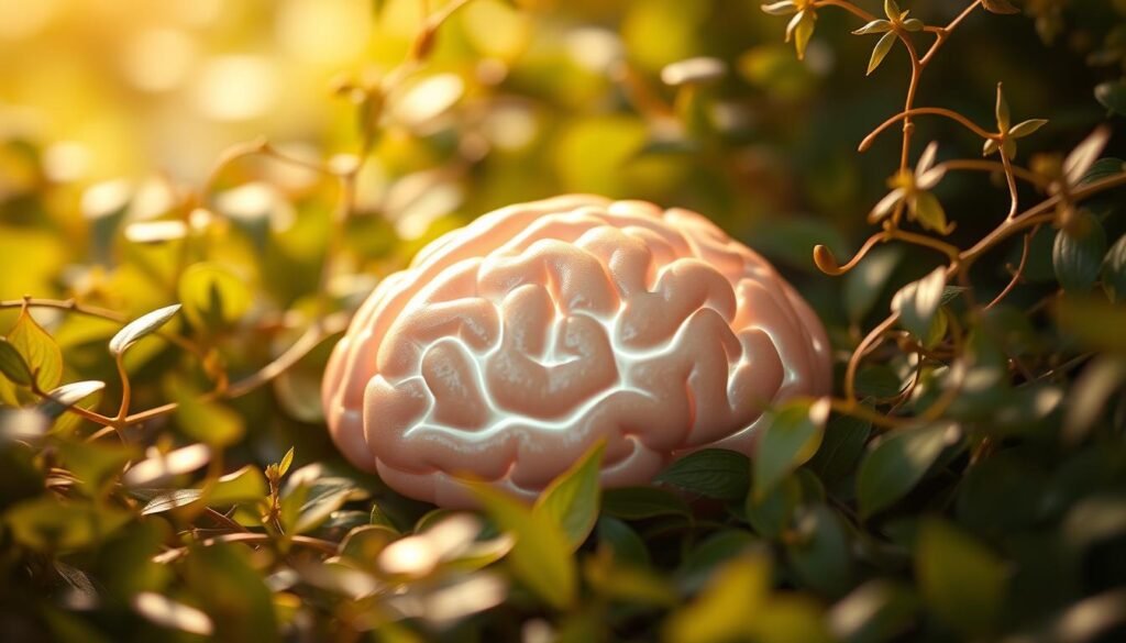 A serene, well-hydrated brain resting amidst lush, verdant foliage. The brain glows with a soft, aqueous sheen, symbolizing its optimal hydration levels. Surrounding it, delicate leaves and tendrils sway gently in a soft, diffused light, creating a tranquil, meditative atmosphere. The composition emphasizes the interconnectedness of brain health and proper hydration, with the brain taking center stage as the focal point. Warm, earthy tones blend harmoniously, conveying a sense of natural balance and equilibrium. The image is captured with a shallow depth of field, placing the brain in sharp focus while the background softly blurs, directing the viewer's attention to the core message.
