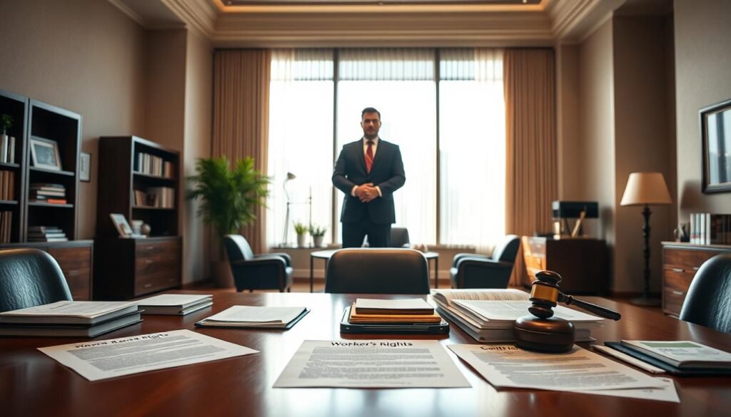A serene, well-lit office interior, with a large, wooden desk in the foreground. On the desk, various worker's rights documents and legal statutes are neatly arranged, conveying a sense of diligence and professionalism. In the middle ground, a suited figure stands, hands clasped, conveying an air of authority and expertise. The background features tall, floor-to-ceiling windows, allowing natural light to flood the space and creating a warm, inviting atmosphere. The overall scene suggests a thorough understanding of the legal aspects of workplace dependency issues, with a focus on worker's rights and protections.