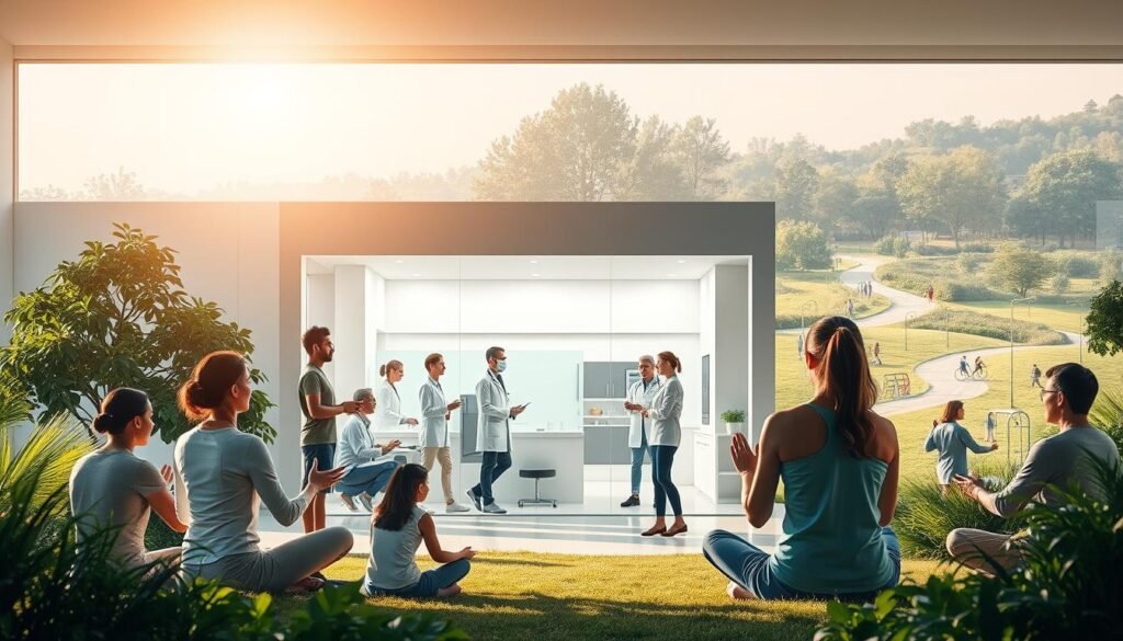 A serene, well-lit scene depicting preventive health strategies. In the foreground, people of diverse ages and backgrounds engage in various wellness activities: yoga, meditation, nutritious meal preparation. The middle ground showcases a clean, modern healthcare facility with doctors and nurses providing checkups and wellness consultations. In the background, a lush, verdant landscape with walking trails and outdoor fitness equipment, conveying a holistic, nature-inspired approach to preventive care. The overall mood is one of tranquility, vitality, and a proactive, empowered attitude towards lifelong health.