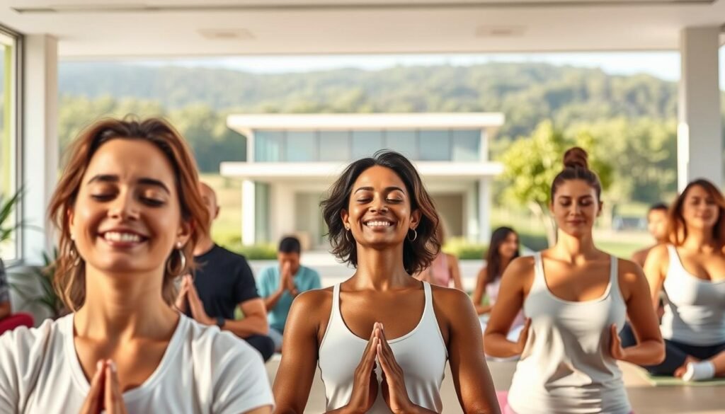 A serene, well-lit scene depicting the essence of preventive healthcare. In the foreground, a group of people engage in various wellness activities - yoga, meditation, or gentle exercises. Their faces radiate a sense of calm and vitality. In the middle ground, a modern, airy medical clinic stands, its sleek architecture and calming colors suggesting a holistic approach to patient care. The background showcases a lush, verdant landscape, hinting at the restorative power of nature. Soft, diffused lighting casts a warm, soothing glow over the entire scene, evoking a tranquil, nurturing atmosphere that embodies the ethos of preventive health.