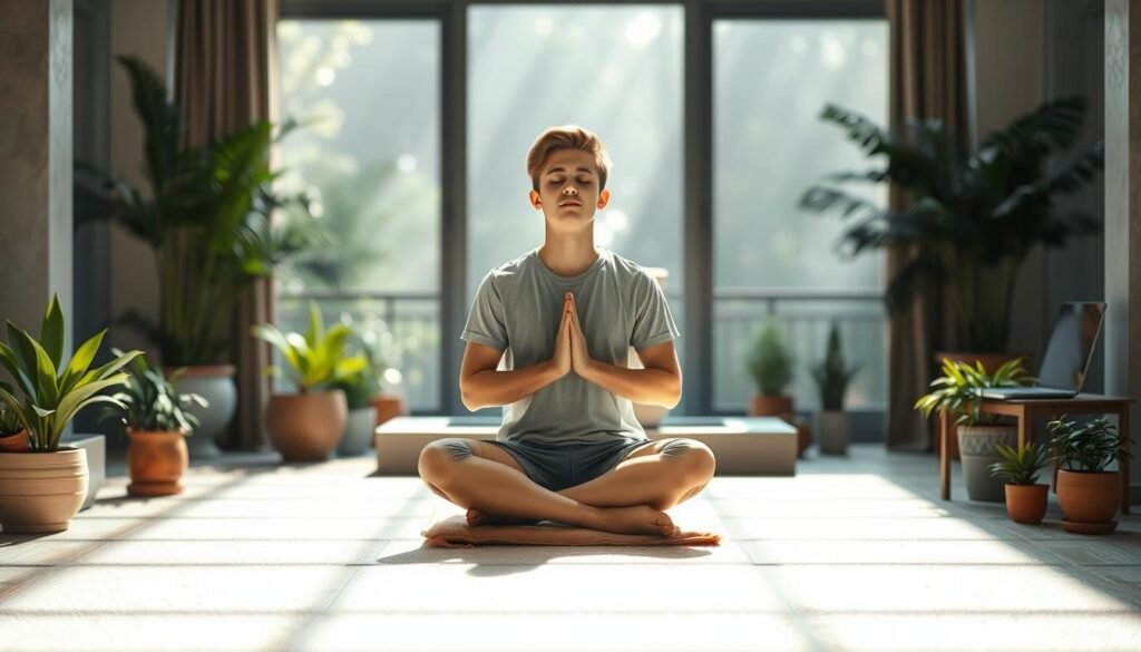 A serene, well-lit scene of a young person taking a break from digital devices. The foreground features a relaxed individual sitting cross-legged on a comfortable cushion, eyes closed, hands resting gently on their lap, as they practice mindful breathing. The middle ground showcases a minimalist, nature-inspired setting with potted plants, a small fountain, and a soft, diffused light filtering through large windows. In the background, blurred silhouettes of various digital devices, such as laptops, smartphones, and tablets, convey the idea of a temporary disconnect from technology. The overall atmosphere is one of tranquility, balance, and the importance of digital detox for mental well-being.