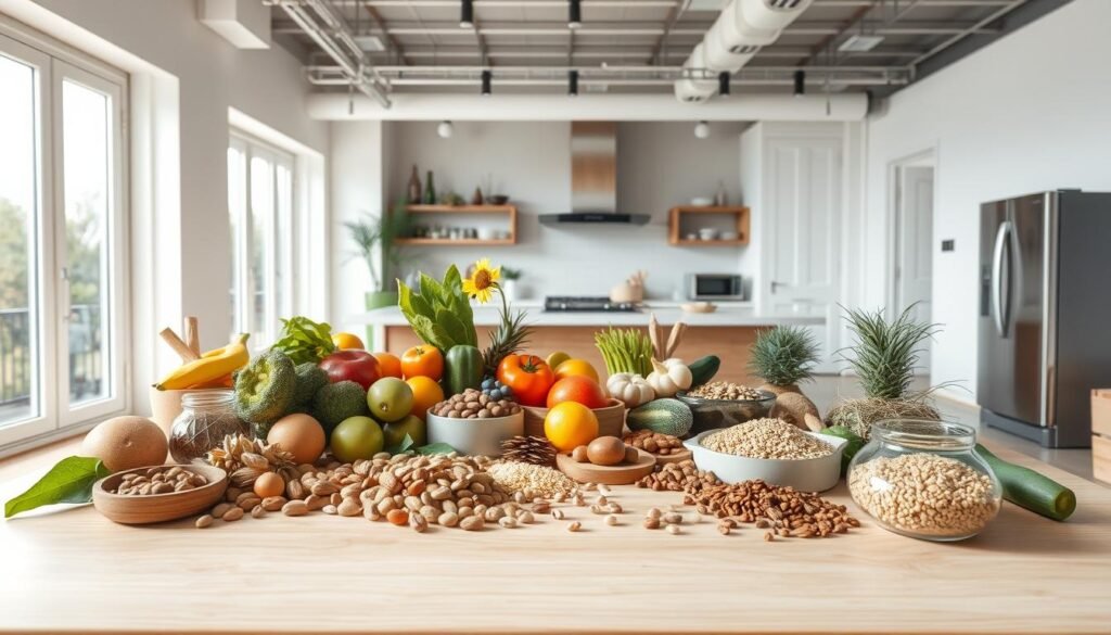 A serene, well-lit studio setting showcasing the concept of "Functional Nutrition". In the foreground, an assortment of wholesome, nutrient-dense ingredients like fresh produce, nuts, seeds, and whole grains artfully arranged on a light wooden table. In the middle ground, a clean, minimalist kitchen counter with sleek stainless steel appliances. The background features large windows flooding the space with natural light, creating a bright, airy atmosphere. The overall mood is one of balance, vitality, and a holistic approach to nourishing the body and mind.