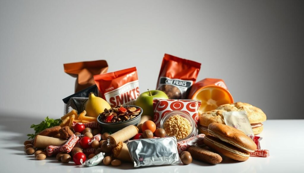 A still life arrangement depicting a selection of "addictive foods" against a clean, minimalist background. In the foreground, arrange a variety of junk food items such as sugary candies, salty snacks, and processed baked goods. Position them in an enticing, visually appealing manner, as if they are tempting the viewer. In the middle ground, include some fresh fruits and vegetables to contrast the unhealthy items. Utilize dramatic side lighting to create deep shadows and highlights, emphasizing the textural qualities of the different foods. The overall mood should be one of temptation and indulgence, hinting at the neurological pull of these "addictive" edibles.